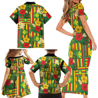 Hawaii Kanaka Maoli Hibiscus Family Matching Short Sleeve Bodycon Dress and Hawaiian Shirt Hawaiian Flag Motif