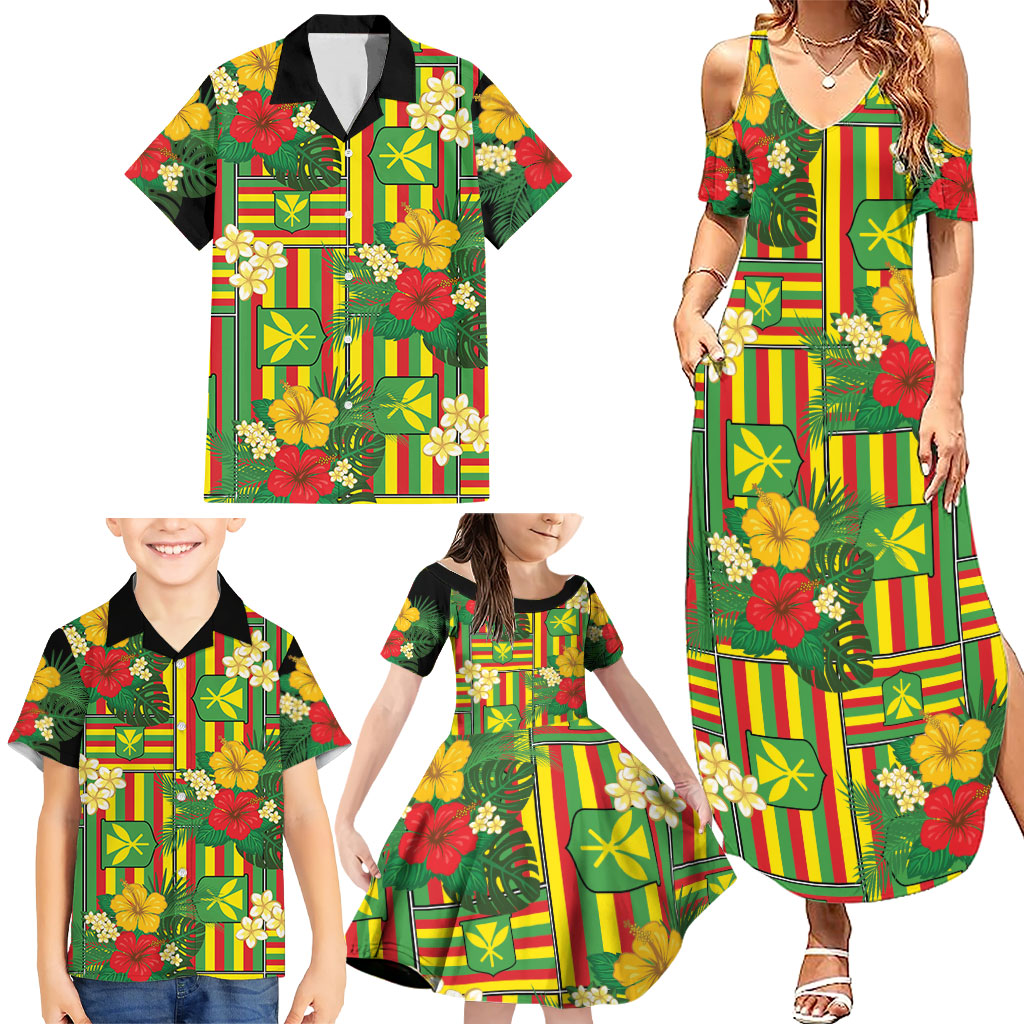 Hawaii Kanaka Maoli Hibiscus Family Matching Summer Maxi Dress and Hawaiian Shirt Hawaiian Flag Motif