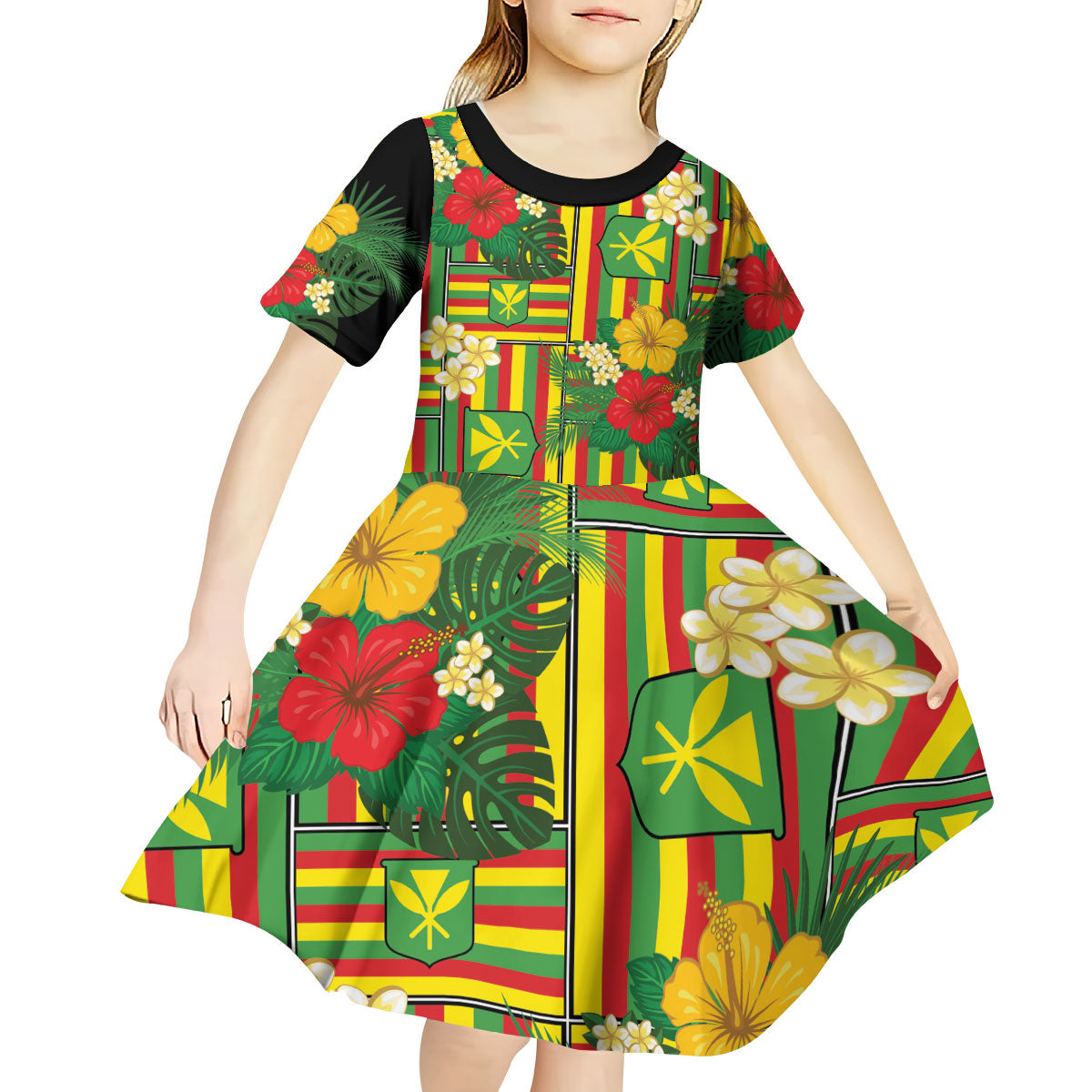 Hawaii Kanaka Maoli Hibiscus Kid Short Sleeve Dress Hawaiian Flag Motif