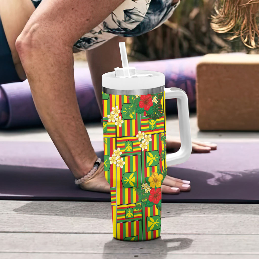 Hawaii Kanaka Maoli Hibiscus Tumbler With Handle Hawaiian Flag Motif