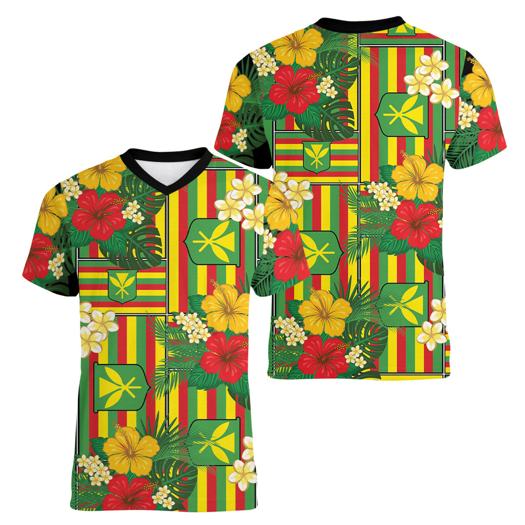 Hawaii Kanaka Maoli Hibiscus Women V-Neck T-Shirt Hawaiian Flag Motif