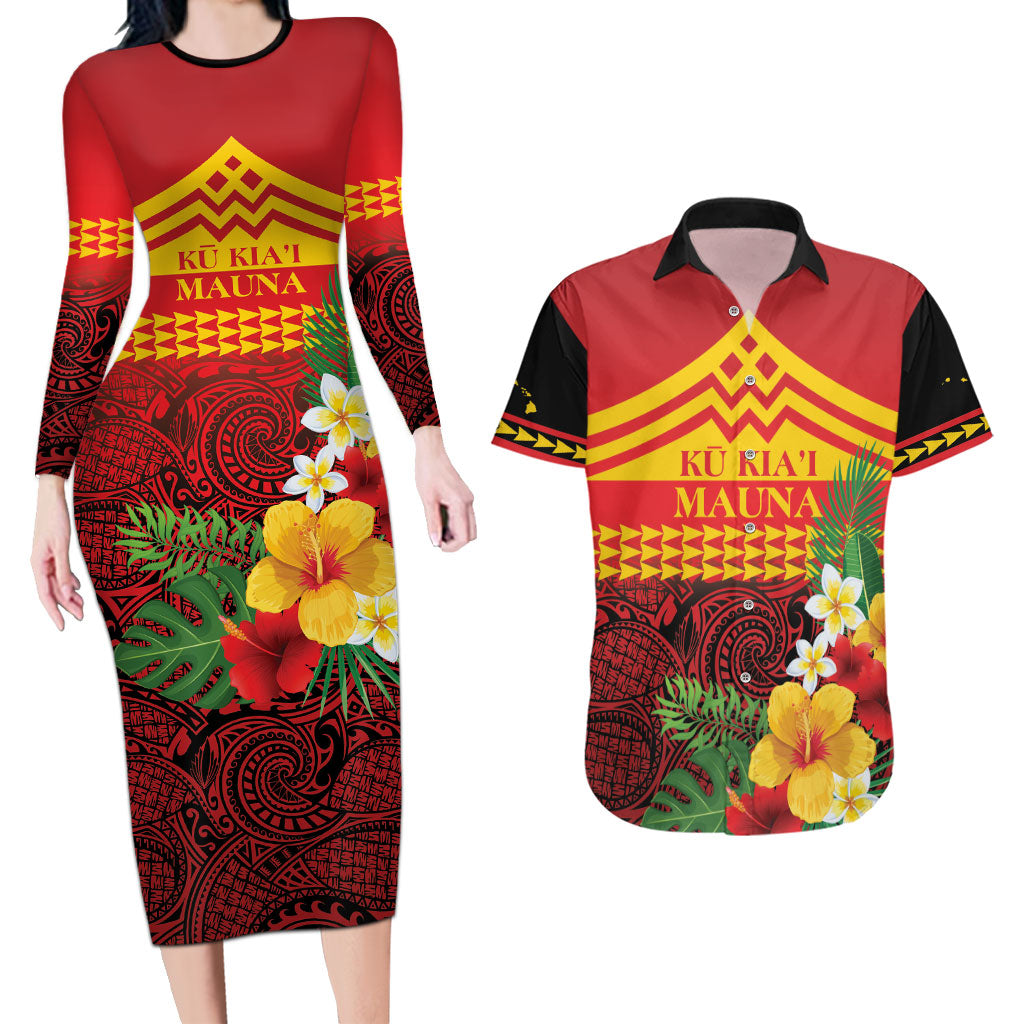 Hawaii Ku Kia'i Mauna Personalized Couples Matching Long Sleeve Bodycon Dress and Hawaiian Shirt Hibiscus Kakau Pattern
