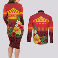 Hawaii Ku Kia'i Mauna Personalized Couples Matching Long Sleeve Bodycon Dress and Long Sleeve Button Shirt Hibiscus Kakau Pattern