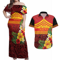 Hawaii Ku Kia'i Mauna Personalized Couples Matching Off Shoulder Maxi Dress and Hawaiian Shirt Hibiscus Kakau Pattern