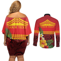 Hawaii Ku Kia'i Mauna Personalized Couples Matching Off Shoulder Short Dress and Long Sleeve Button Shirt Hibiscus Kakau Pattern
