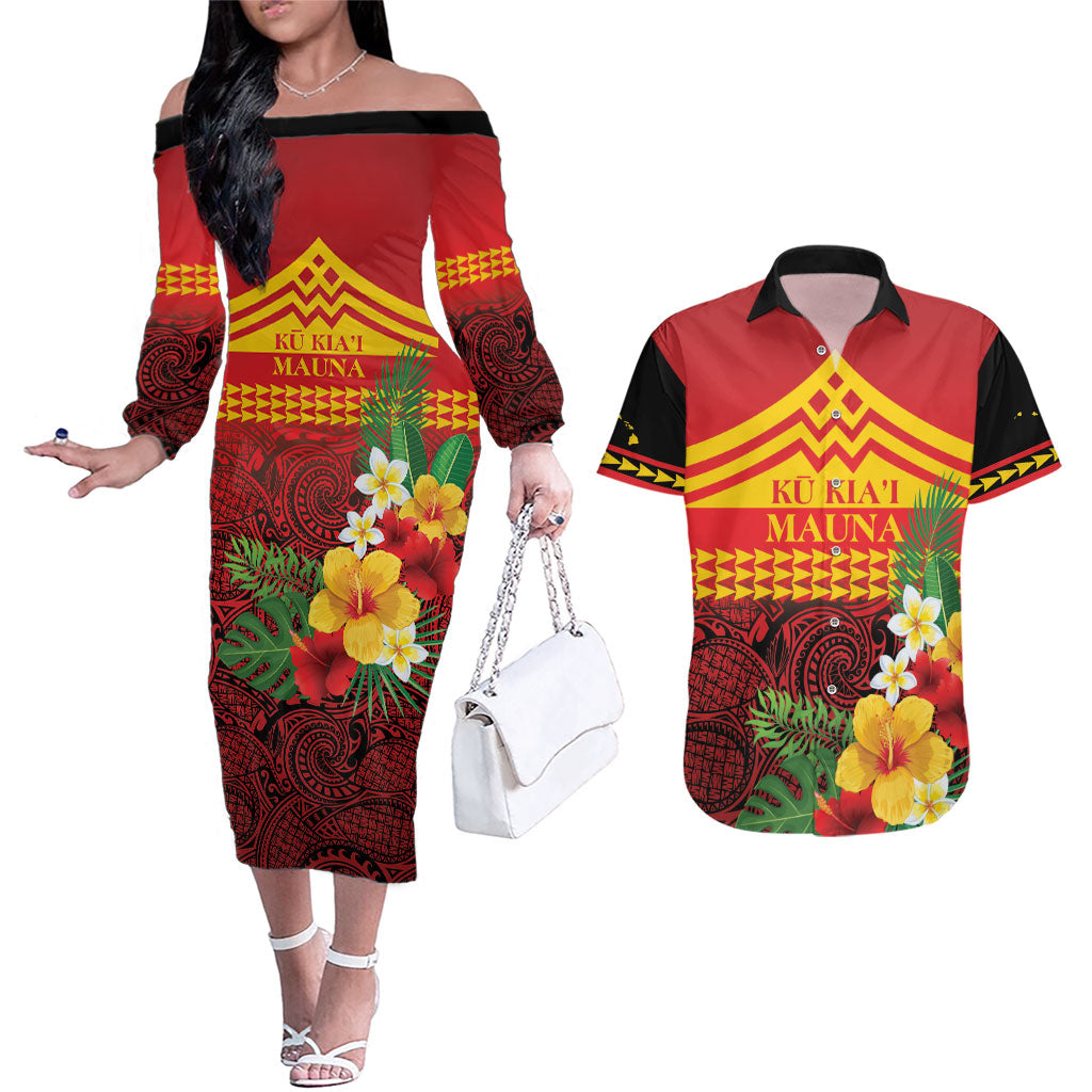 Hawaii Ku Kia'i Mauna Personalized Couples Matching Off The Shoulder Long Sleeve Dress and Hawaiian Shirt Hibiscus Kakau Pattern