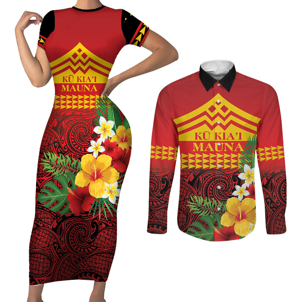 Hawaii Ku Kia'i Mauna Personalized Couples Matching Short Sleeve Bodycon Dress and Long Sleeve Button Shirt Hibiscus Kakau Pattern