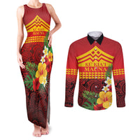 Hawaii Ku Kia'i Mauna Personalized Couples Matching Tank Maxi Dress and Long Sleeve Button Shirt Hibiscus Kakau Pattern