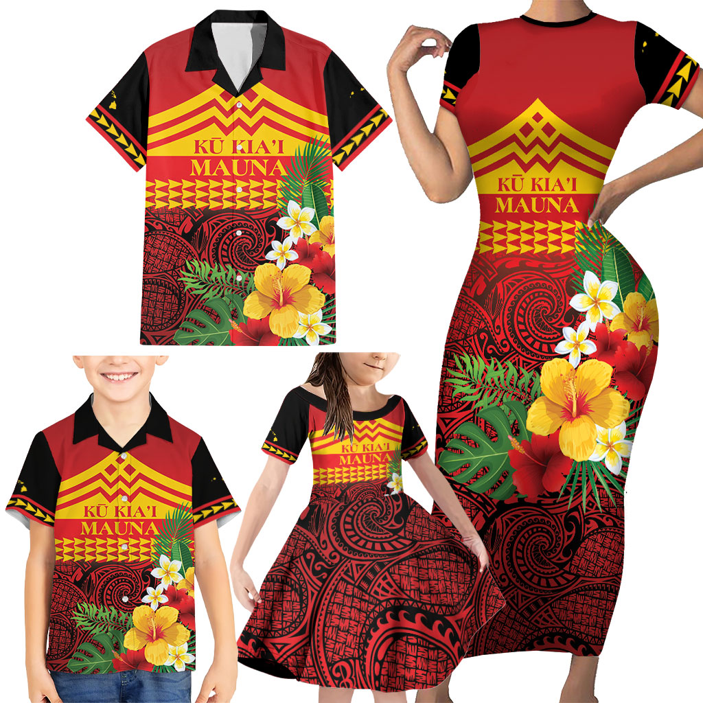 Hawaii Ku Kia'i Mauna Personalized Family Matching Short Sleeve Bodycon Dress and Hawaiian Shirt Hibiscus Kakau Pattern