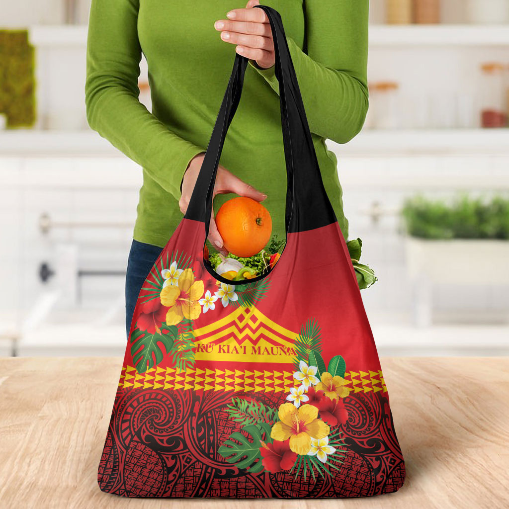 Hawaii Ku Kia'i Mauna Grocery Bag Hibiscus Kakau Pattern