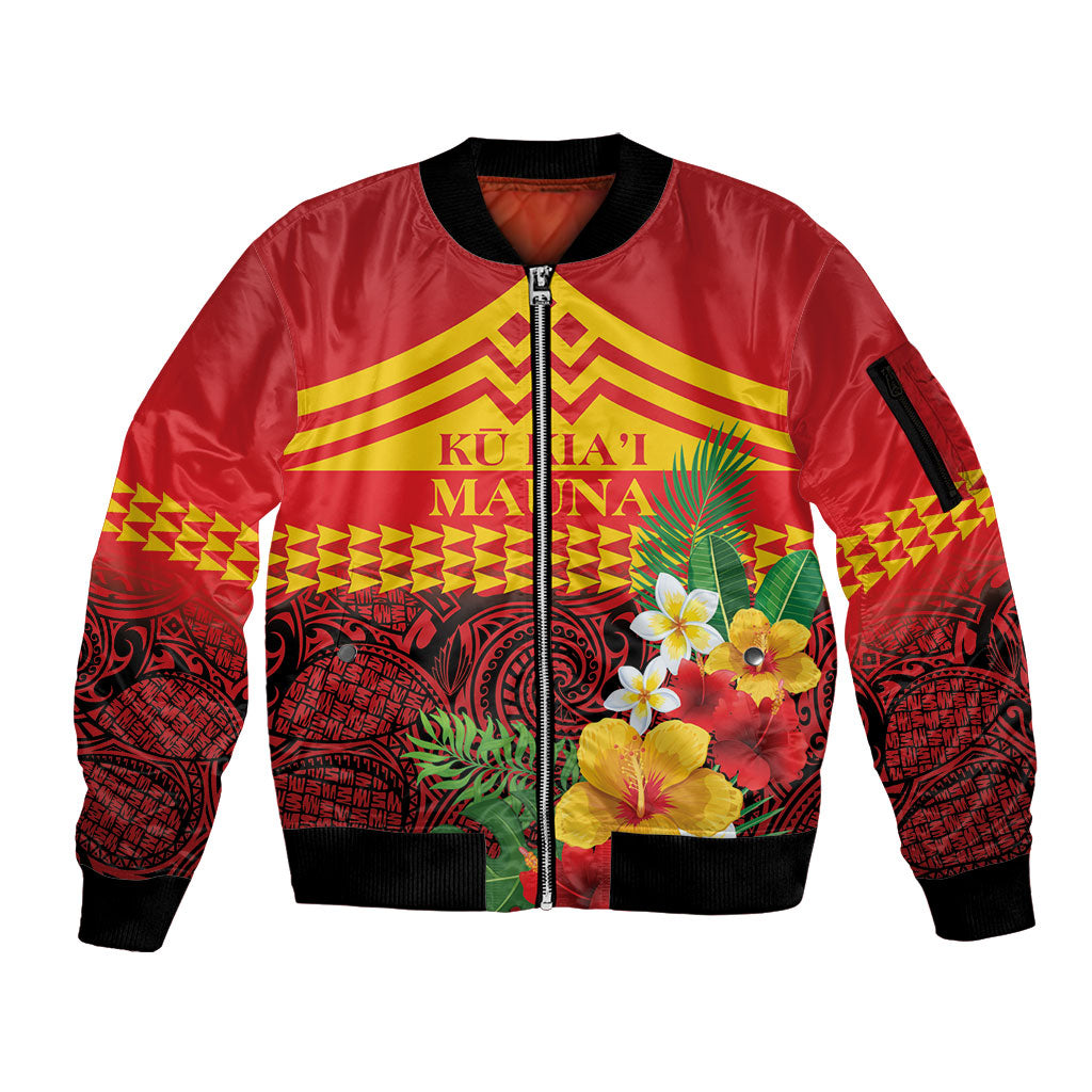 Hawaii Ku Kia'i Mauna Personalized Sleeve Zip Bomber Jacket Hibiscus Kakau Pattern