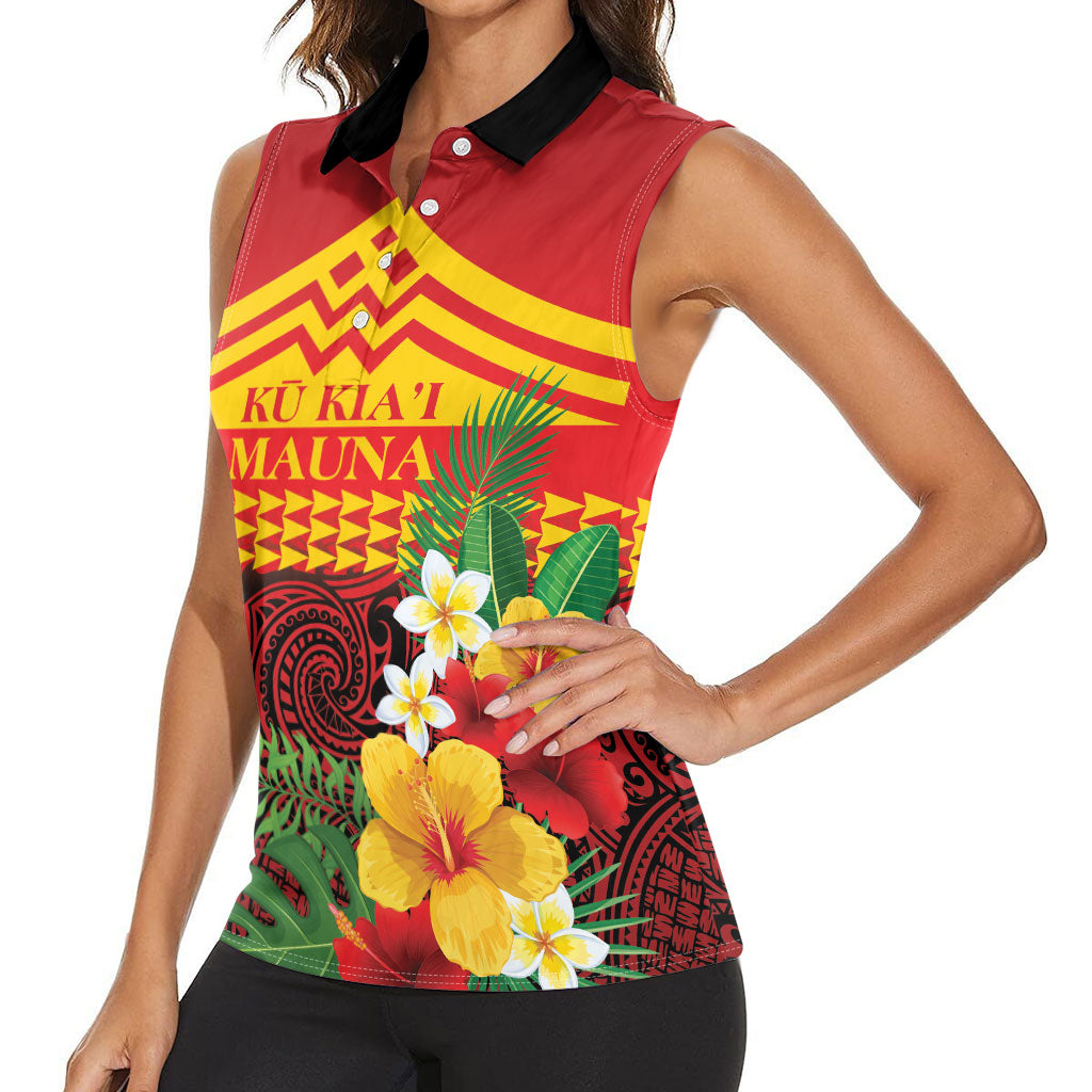 Hawaii Ku Kia'i Mauna Personalized Women Sleeveless Polo Shirt Hibiscus Kakau Pattern