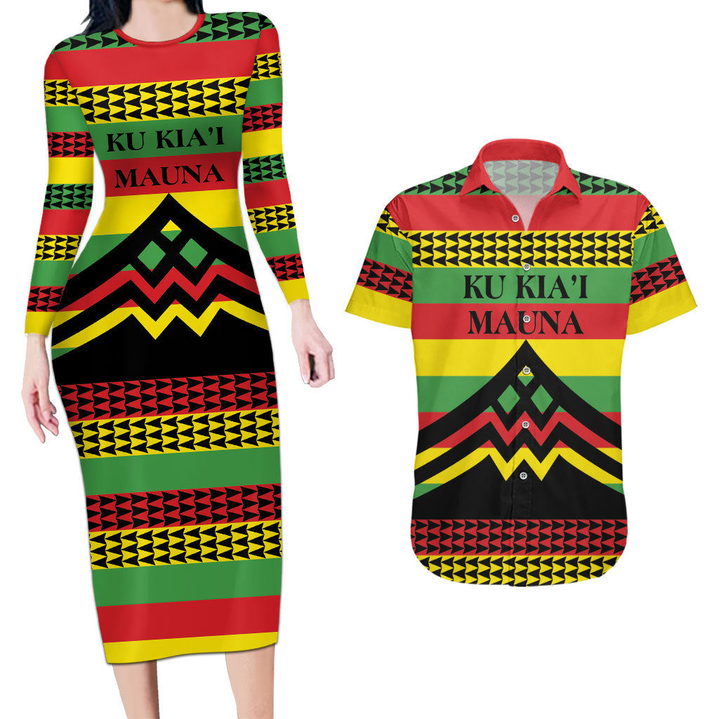 Hawaii Ku Kia'i Mauna Personalized Couples Matching Long Sleeve Bodycon Dress and Hawaiian Shirt Hawaiian Kanaka Maoli Motif LT9 Green - Polynesian Pride