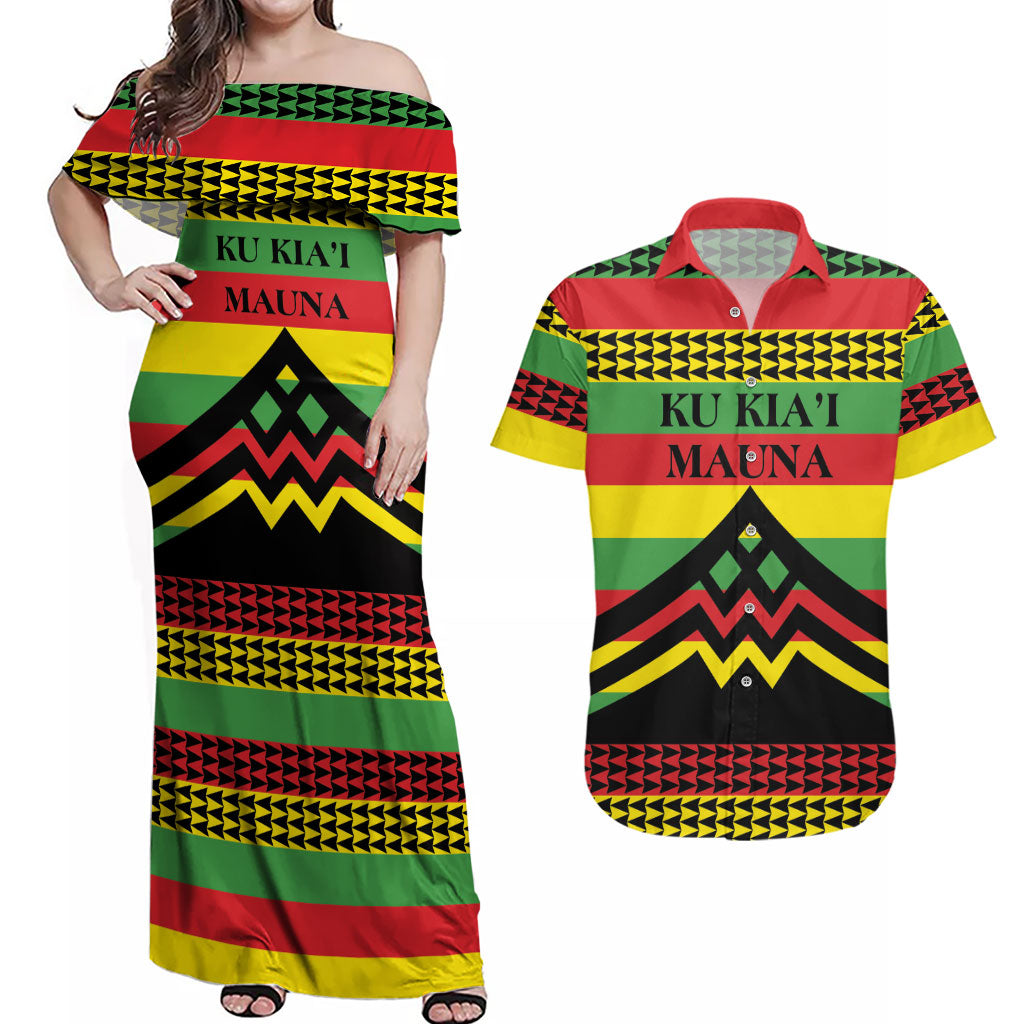 Hawaii Ku Kia'i Mauna Personalized Couples Matching Off Shoulder Maxi Dress and Hawaiian Shirt Hawaiian Kanaka Maoli Motif