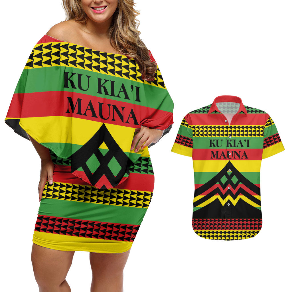 Hawaii Ku Kia'i Mauna Personalized Couples Matching Off Shoulder Short Dress and Hawaiian Shirt Hawaiian Kanaka Maoli Motif