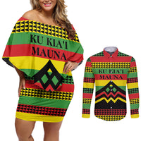 Hawaii Ku Kia'i Mauna Personalized Couples Matching Off Shoulder Short Dress and Long Sleeve Button Shirt Hawaiian Kanaka Maoli Motif