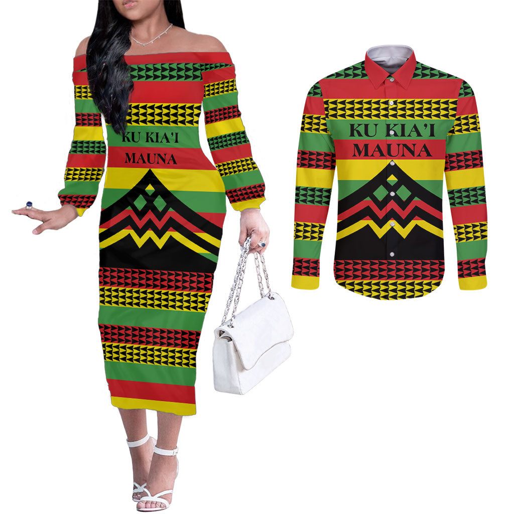 Hawaii Ku Kia'i Mauna Personalized Couples Matching Off The Shoulder Long Sleeve Dress and Long Sleeve Button Shirt Hawaiian Kanaka Maoli Motif