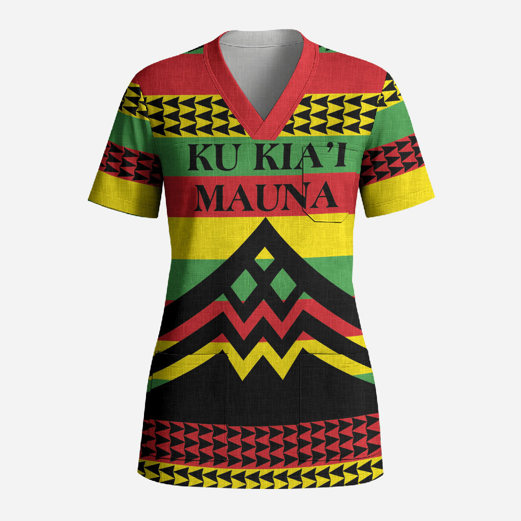 Hawaii Ku Kia'i Mauna Personalized Scrub Top Hawaiian Kanaka Maoli Motif