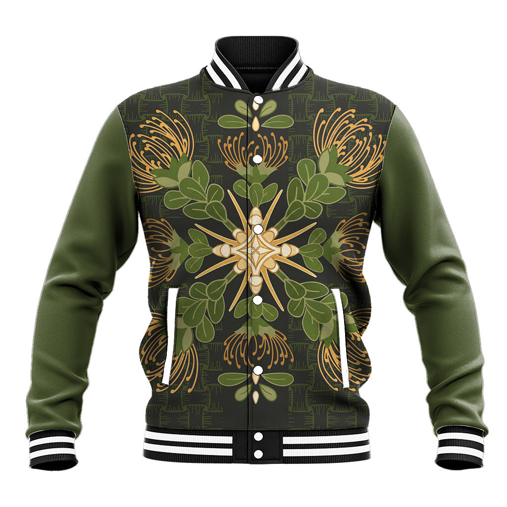 Hawaii Ohia Lehua Squares Baseball Jacket Hawaiian Quilt Inspired Floral Pattern LT9 Unisex Green - Polynesian Pride