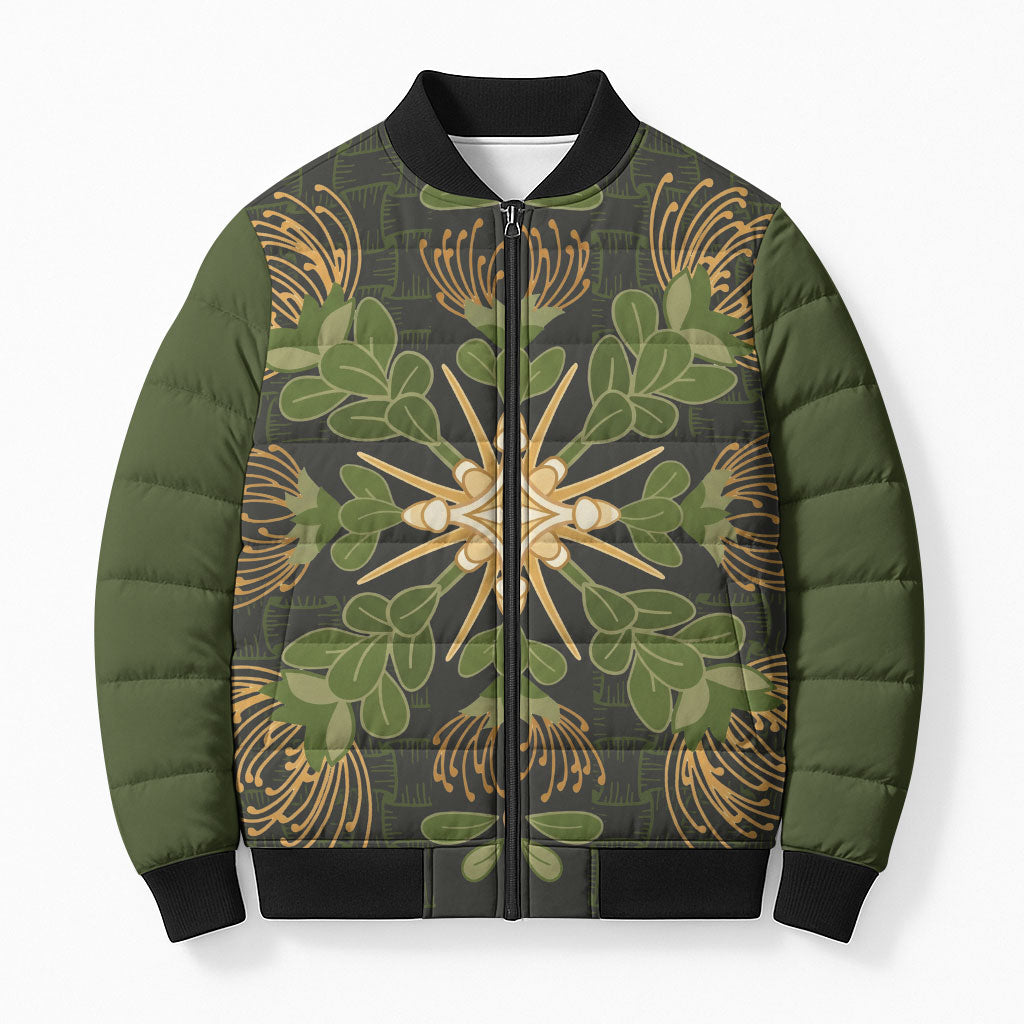 Hawaii Ohia Lehua Squares Bomber Puffer Jacket Hawaiian Quilt Inspired Floral Pattern LT9 Unisex Green - Polynesian Pride