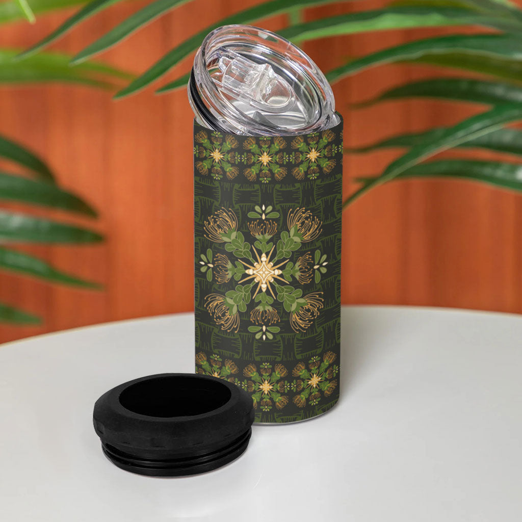 Hawaii Ohia Lehua Squares 4 in 1 Can Cooler Tumbler Hawaiian Quilt Inspired Floral Pattern