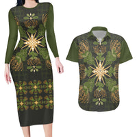 Hawaii Ohia Lehua Squares Couples Matching Long Sleeve Bodycon Dress and Hawaiian Shirt Hawaiian Quilt Inspired Floral Pattern