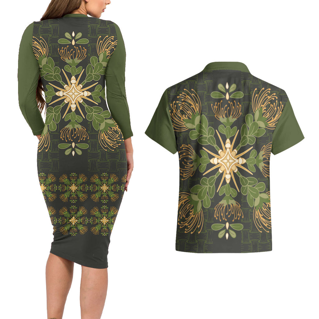 Hawaii Ohia Lehua Squares Couples Matching Long Sleeve Bodycon Dress and Hawaiian Shirt Hawaiian Quilt Inspired Floral Pattern