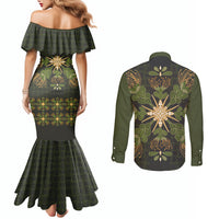 Hawaii Ohia Lehua Squares Couples Matching Mermaid Dress and Long Sleeve Button Shirt Hawaiian Quilt Inspired Floral Pattern