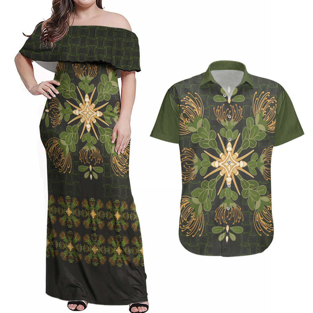 Hawaii Ohia Lehua Squares Couples Matching Off Shoulder Maxi Dress and Hawaiian Shirt Hawaiian Quilt Inspired Floral Pattern