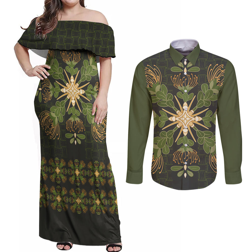 Hawaii Ohia Lehua Squares Couples Matching Off Shoulder Maxi Dress and Long Sleeve Button Shirt Hawaiian Quilt Inspired Floral Pattern