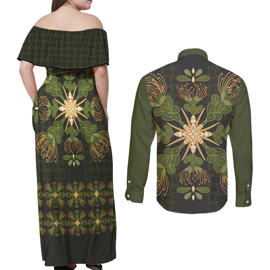 Hawaii Ohia Lehua Squares Couples Matching Off Shoulder Maxi Dress and Long Sleeve Button Shirt Hawaiian Quilt Inspired Floral Pattern