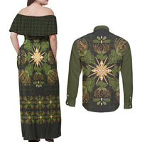 Hawaii Ohia Lehua Squares Couples Matching Off Shoulder Maxi Dress and Long Sleeve Button Shirt Hawaiian Quilt Inspired Floral Pattern