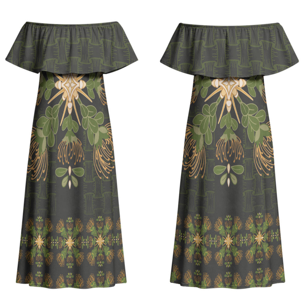 Hawaii Ohia Lehua Squares Couples Matching Off Shoulder Maxi Dress and Long Sleeve Button Shirt Hawaiian Quilt Inspired Floral Pattern LT9 - Polynesian Pride