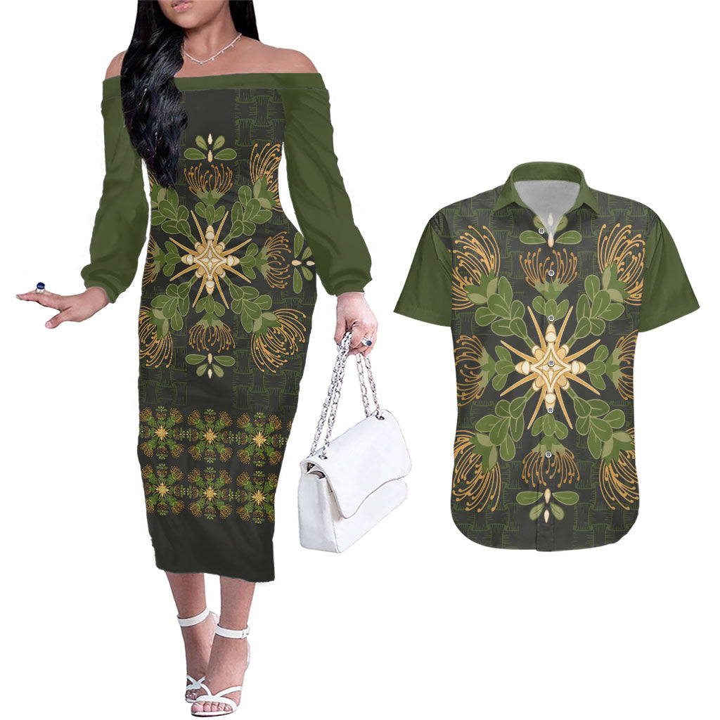 Hawaii Ohia Lehua Squares Couples Matching Off The Shoulder Long Sleeve Dress and Hawaiian Shirt Hawaiian Quilt Inspired Floral Pattern LT9 Green - Polynesian Pride