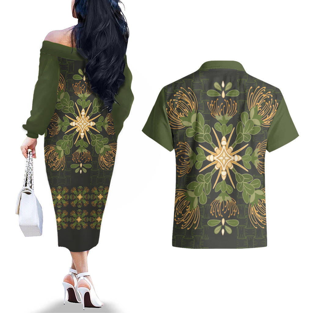Hawaii Ohia Lehua Squares Couples Matching Off The Shoulder Long Sleeve Dress and Hawaiian Shirt Hawaiian Quilt Inspired Floral Pattern
