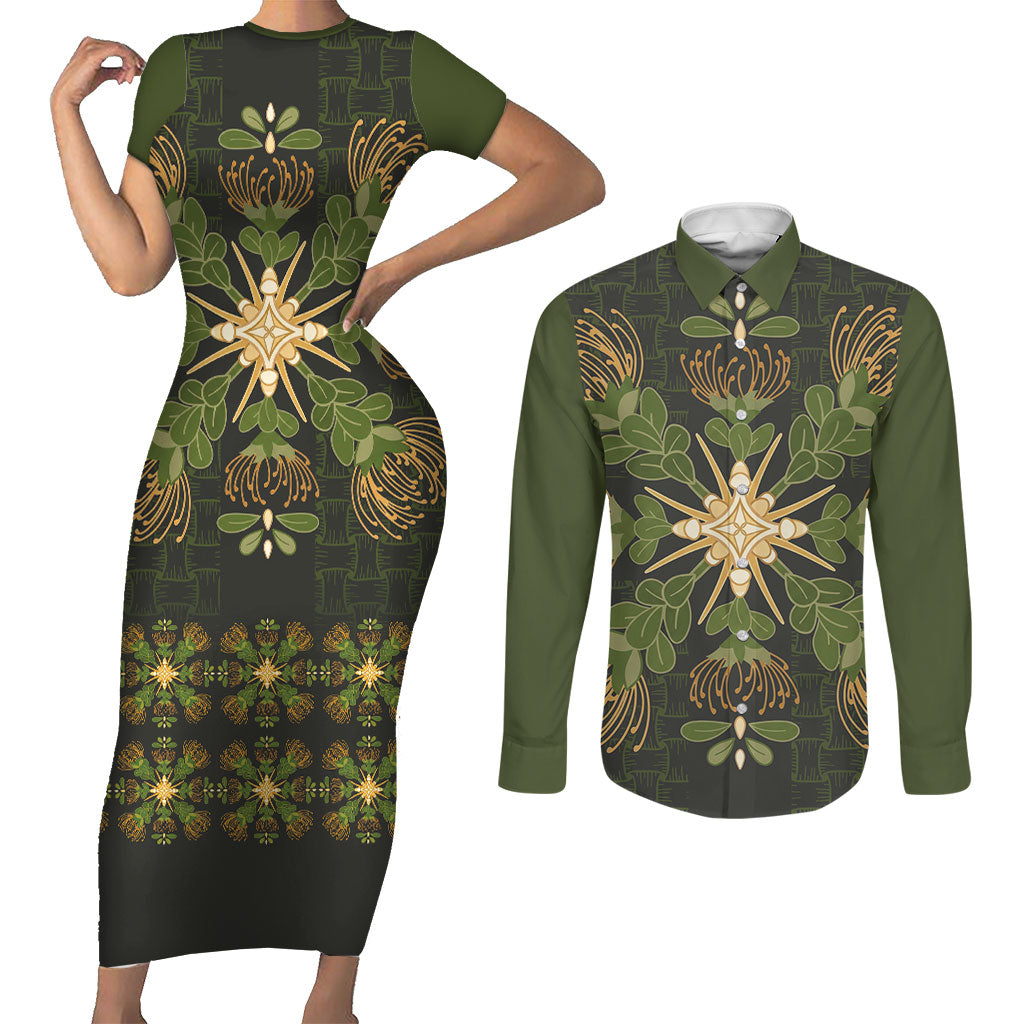 Hawaii Ohia Lehua Squares Couples Matching Short Sleeve Bodycon Dress and Long Sleeve Button Shirt Hawaiian Quilt Inspired Floral Pattern LT9 Green - Polynesian Pride
