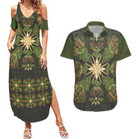 Hawaii Ohia Lehua Squares Couples Matching Summer Maxi Dress and Hawaiian Shirt Hawaiian Quilt Inspired Floral Pattern