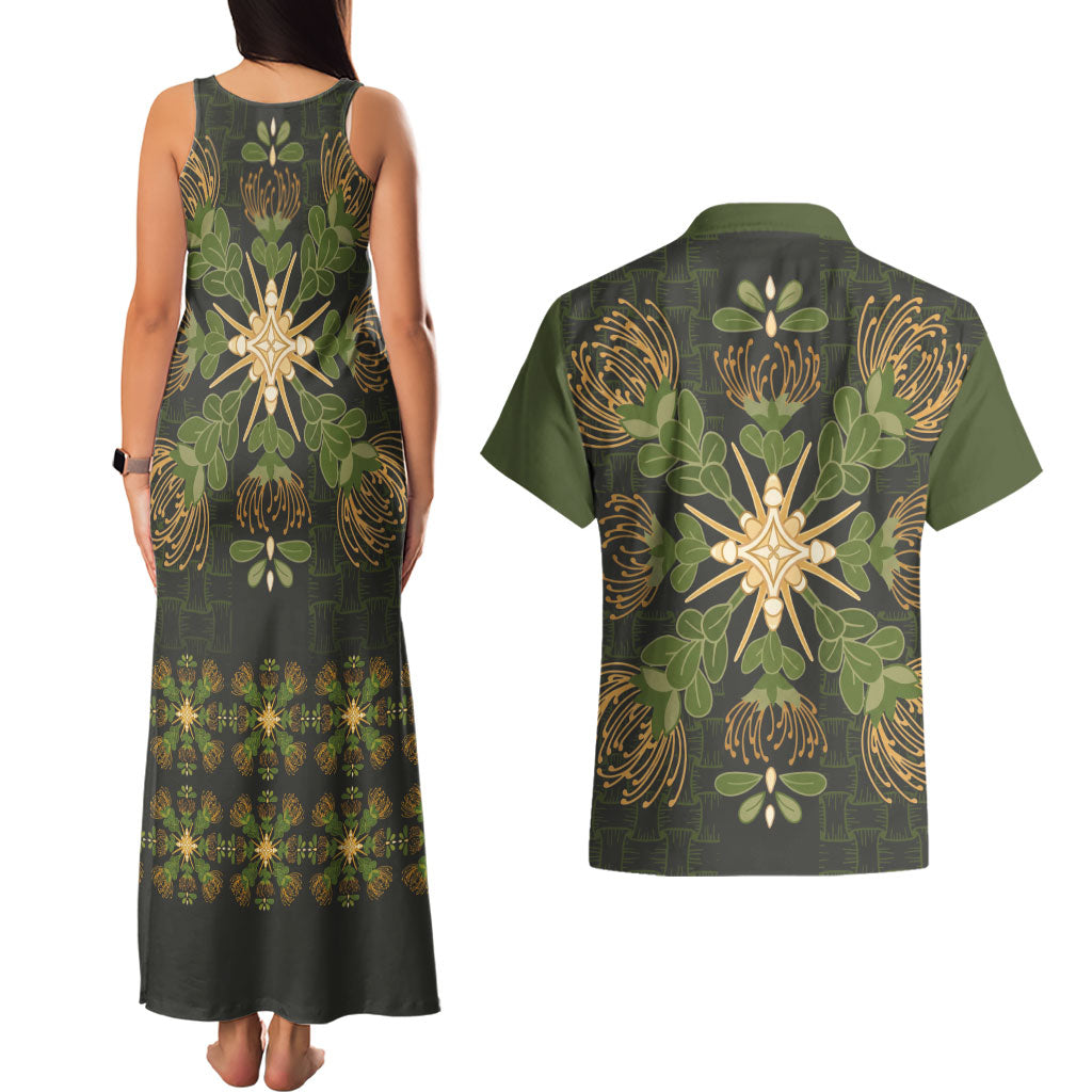 Hawaii Ohia Lehua Squares Couples Matching Tank Maxi Dress and Hawaiian Shirt Hawaiian Quilt Inspired Floral Pattern