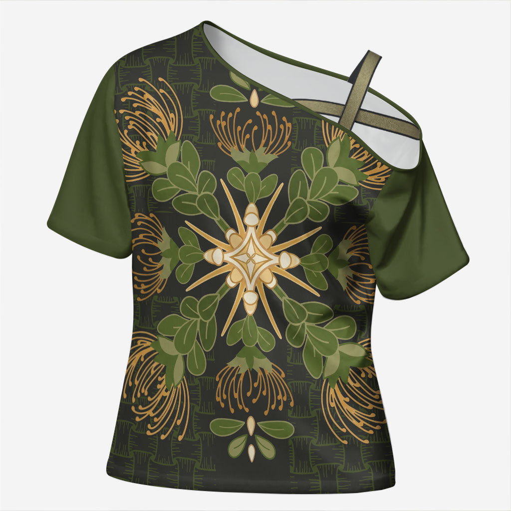 Hawaii Ohia Lehua Squares Cross Shoulder Shirt Hawaiian Quilt Inspired Floral Pattern LT9 Female Green - Polynesian Pride