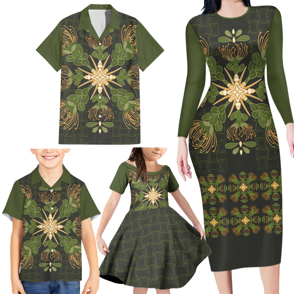 Hawaii Ohia Lehua Squares Family Matching Long Sleeve Bodycon Dress and Hawaiian Shirt Hawaiian Quilt Inspired Floral Pattern
