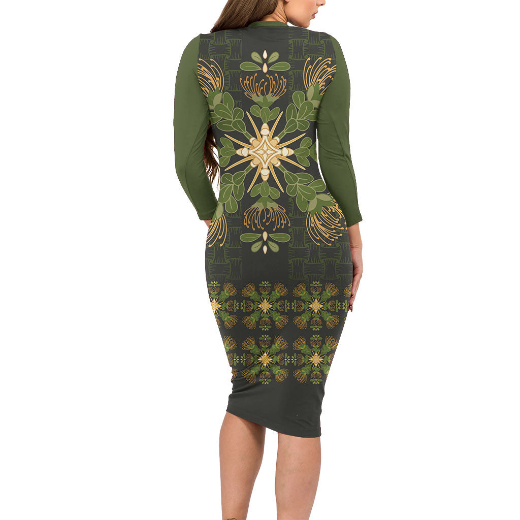 Hawaii Ohia Lehua Squares Family Matching Long Sleeve Bodycon Dress and Hawaiian Shirt Hawaiian Quilt Inspired Floral Pattern