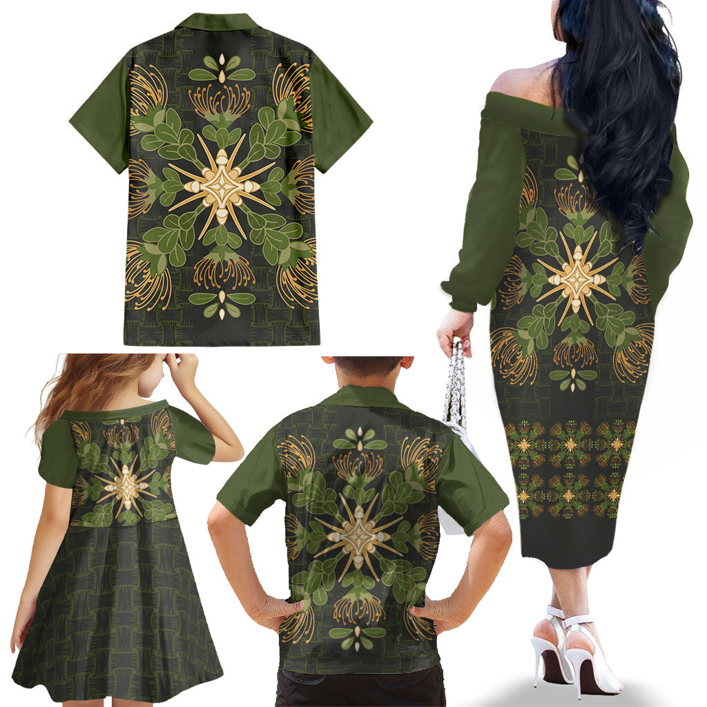 Hawaii Ohia Lehua Squares Family Matching Off The Shoulder Long Sleeve Dress and Hawaiian Shirt Hawaiian Quilt Inspired Floral Pattern