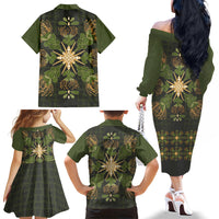 Hawaii Ohia Lehua Squares Family Matching Off The Shoulder Long Sleeve Dress and Hawaiian Shirt Hawaiian Quilt Inspired Floral Pattern