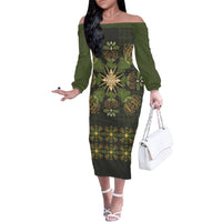Hawaii Ohia Lehua Squares Family Matching Off The Shoulder Long Sleeve Dress and Hawaiian Shirt Hawaiian Quilt Inspired Floral Pattern