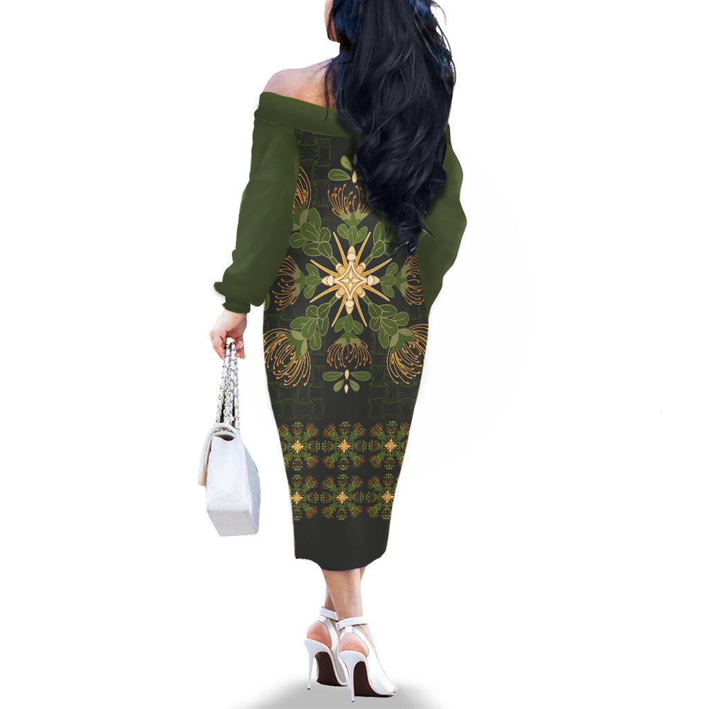 Hawaii Ohia Lehua Squares Family Matching Off The Shoulder Long Sleeve Dress and Hawaiian Shirt Hawaiian Quilt Inspired Floral Pattern