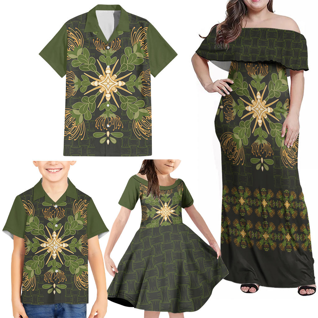 Hawaii Ohia Lehua Squares Family Matching Off Shoulder Maxi Dress and Hawaiian Shirt Hawaiian Quilt Inspired Floral Pattern