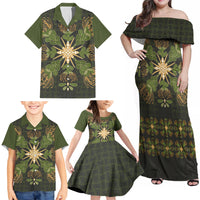 Hawaii Ohia Lehua Squares Family Matching Off Shoulder Maxi Dress and Hawaiian Shirt Hawaiian Quilt Inspired Floral Pattern