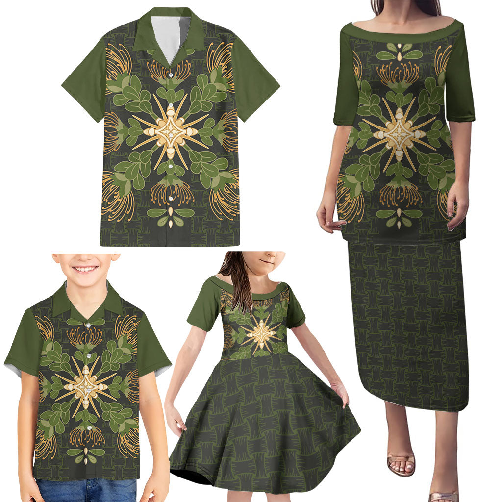 Hawaii Ohia Lehua Squares Family Matching Puletasi and Hawaiian Shirt Hawaiian Quilt Inspired Floral Pattern
