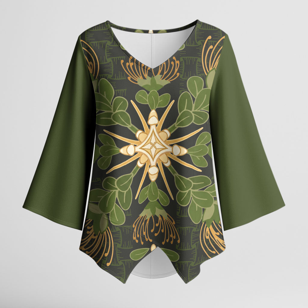 Hawaii Ohia Lehua Squares Kimono Sleeve Blouse Hawaiian Quilt Inspired Floral Pattern LT9 Female Green - Polynesian Pride