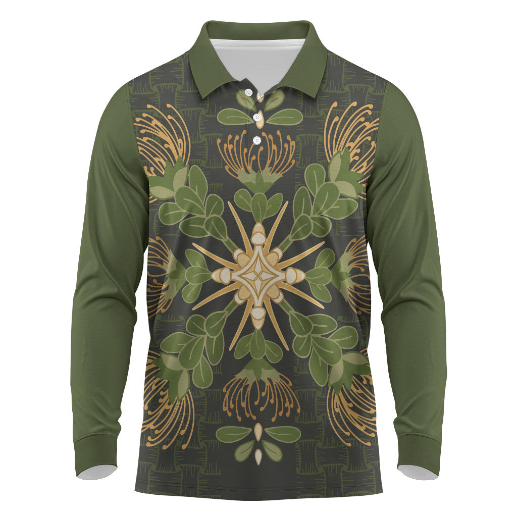 Hawaii Ohia Lehua Squares Long Sleeve Polo Shirt Hawaiian Quilt Inspired Floral Pattern LT9 Green - Polynesian Pride